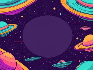 Colorful flying saucers against a starry purple sky, a circular space for text.