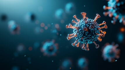 Fototapeta premium Detailed visualization of a virus structure with colorful elements on a dark background, highlighting its complex design.