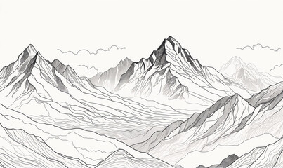 A detailed line drawing of a mountainous landscape with clouds in the sky