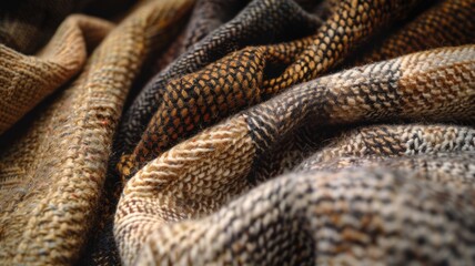 A detailed close-up of soft wool fabrics in various textured patterns and warm