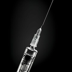 Close-up of syringe on dark background, with vaccine close up