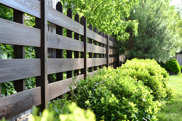 "Modern Wooden Fence: Freshly Painted Brown"