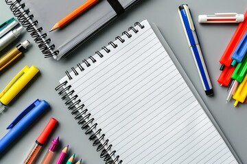 School supplies on a wooden table on light background