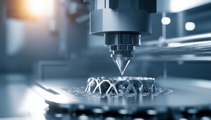 Fototapeta premium A futuristic 3D printing machine creating complex metal parts in an ultra-modern factory
