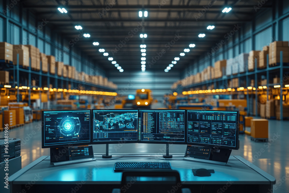 Poster multiple screens are displaying data and charts in a modern monitoring room. the image evokes concep