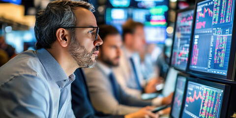 Team of investors works late at night in an office, analyzing charts and data on computer screens, discussing strategies for success in the financial market