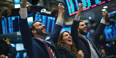 Group of stock traders is cheering and raising their fists in the air, excited about a recent stock market success at the new york stock exchange