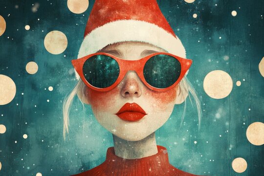 A quirky illustration of a woman wearing red sunglasses and a Santa hat, with festive bokeh lights in the background.