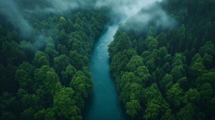 A river runs through a forest with trees on both sides
