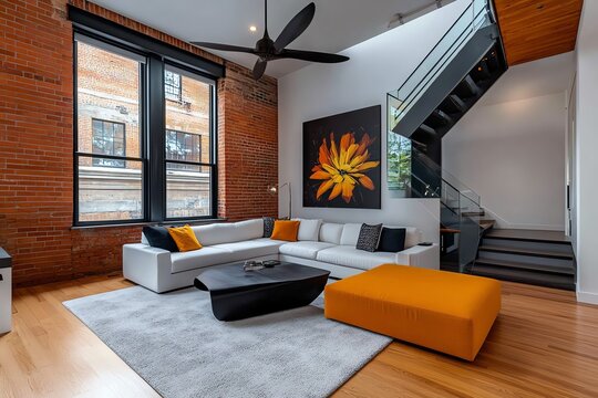 Real estate listing for a downtown loft, industrial chic style featuring exposed brick walls and high ceilings