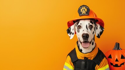 Dalmatian in a firefighter costume with Halloween decorations, firefighter dog, heroic Halloween pet