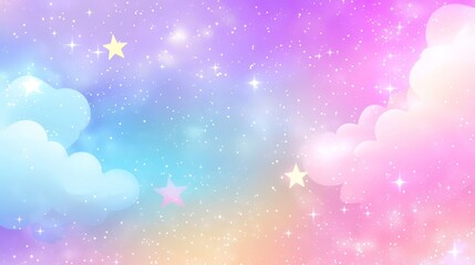 Cute cartoon pastel clouds with sparkle stars background, banner, design, AI generative