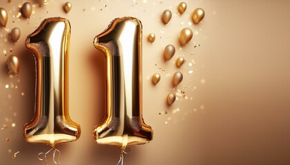 Banner with number 11 golden balloons with copy space