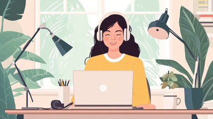 Bright home office with a woman recording a podcast