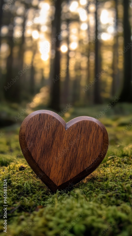 Poster wooden heart on forest floor with sunlight filtering through trees