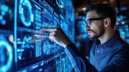 Business analyst reviewing ROI metrics on a digital display,