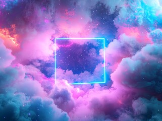 This 3D render features a minimal background, a blue neon light square frame with copy space, illuminated storm clouds, and glowing geometric shapes in the sky.
