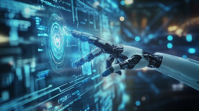 Human and robotic hands working together on a holographic interface in a futuristic environment, blending advanced technology with human intelligence