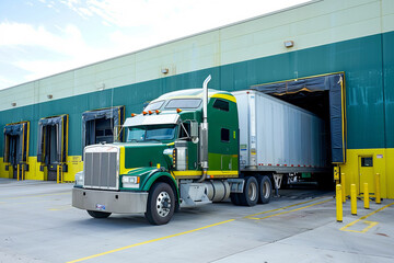 Naklejka premium Green big rig semi truck with trailer standing in the warehouse dock gate