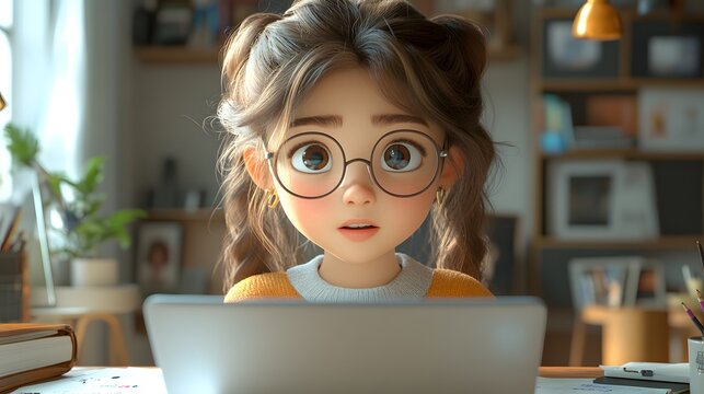 A 3D animated young girl looking at her laptop screen attentively during an online class, with educational materials scattered across her desk. The setting features modern furniture and soft colors,