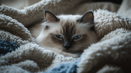 A serene cat nestled in a cozy blanket, showcasing its striking blue eyes.