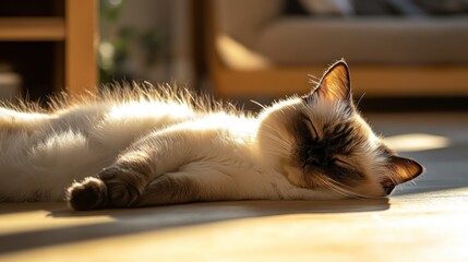 A serene cat peacefully sleeping in a sunlit room, showcasing a cozy atmosphere.