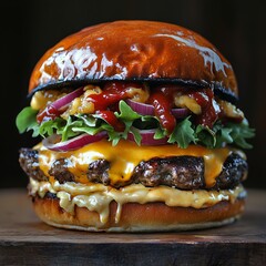 Close-up of a juicy burger with melted cheese, lettuce, tomato, and onion on a wooden board.