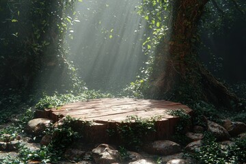 Enchanted forest clearing with sunbeams and tree stump in foreground