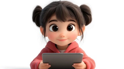 A 3D animation of a young girl studying with a tablet, leaning forward as if focused on the screen. The transparent background enhances her immersion in learning.