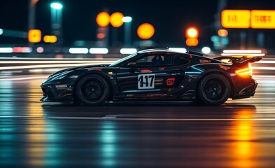 High-performance sports car racing through a neon-lit city at night..