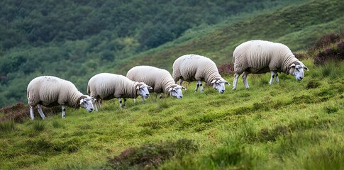 Obraz premium Sheep Grazing on a Hillside