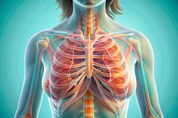 detail of female chest with rib cage and lung outline in pastel colors