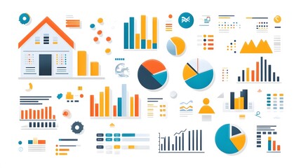 Fototapeta premium A detailed vector illustration of a business data graph analysis, featuring pie charts and bar graphs, displayed on a professional white background.