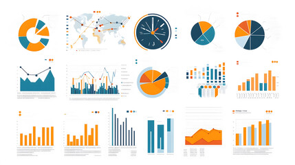 A business data analysis vector graphic, featuring multiple graphs and pie charts, cleanly organized on a white background for easy data interpretation.