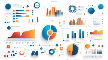 A professional vector graphic of business data graphs, including bar and pie charts, set on a minimalist white background, perfect for clear analysis.