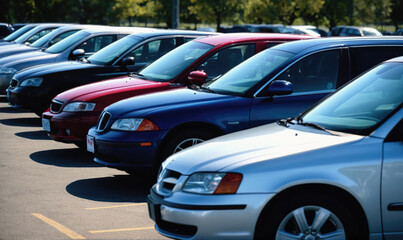 A row of cars are parked in a parking lot on a sunny day