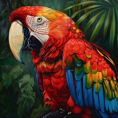 Majestic Macaw Portrait Bold Tropical Hues Intricate Feathers Cinematic Realism