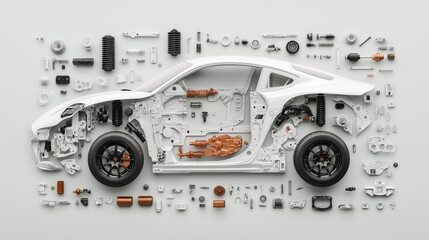 Conceptual image of a disassembled car, showing all internal components arranged around the car's frame. Features drivetrain, suspension, wheels, and various parts.