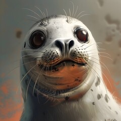 Endearing Close Up Portrait of a Smiling Seal with Prominent Whiskers in Whimsical Cartoon Style
