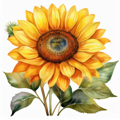 Fototapeta premium Watercolor painting of blooming sunflower flower isolated on white. Beautiful botanical illustration