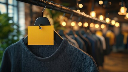 A close-up of a clothing tag on a sweater, showcasing a trendy retail environment with warm lighting and hanging garments.