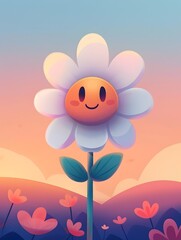 Cheerful Blooming Flower Icon with Playful Cartoon Style Expression in Vibrant Digital