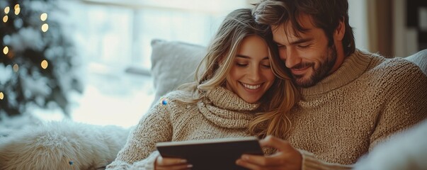 A cozy couple enjoys a winter evening together, sharing laughter and warmth while using a tablet amidst festive decor.