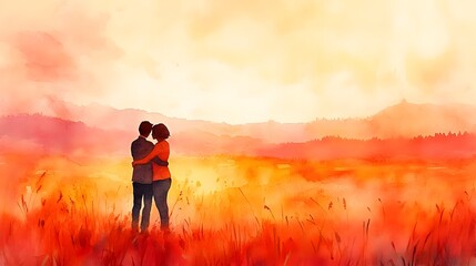Obraz premium Romantic Watercolor Impressionism of Couple Embracing in Sunset Field