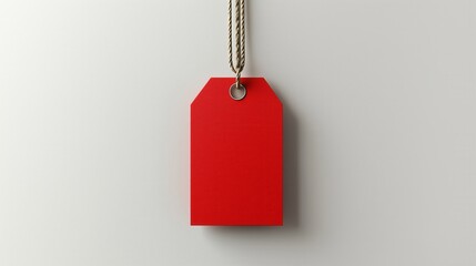 A vibrant red tag hanging on a string, ideal for labeling products, gifts, or pricing. Perfect for promotional materials.