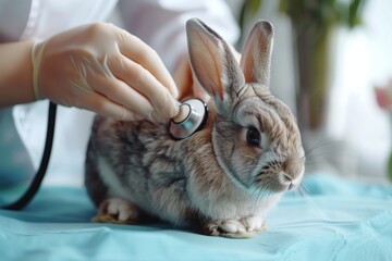 Naklejka premium A veterinarian uses a stethoscope to check a rabbit’s health.
