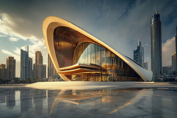 Dubai Opera House showcases its unique design, blending modern architecture with elegance. stunning structure reflects surrounding skyline, creating captivating view