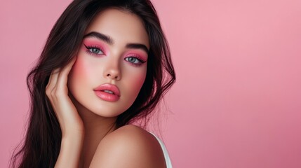 Fototapeta premium A beautiful woman showcasing vibrant makeup with a playful pose against a soft pink background, exuding confidence and elegance.