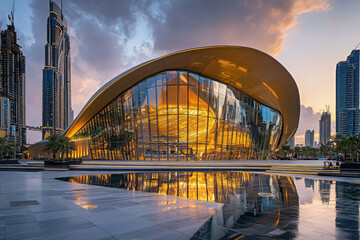 Obraz premium Dubai Opera features stunning facade with unique architectural design, reflecting vibrant colors of sunset. This high quality image captures beauty of building and its surroundings