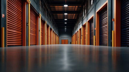 Fototapeta premium Long corridor inside a modern self-storage facility, featuring orange roll-up doors and clean, polished floors.